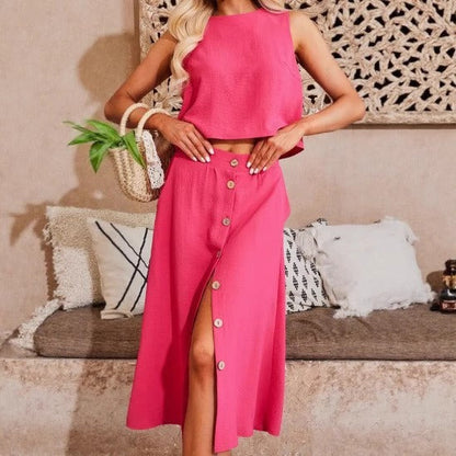 Damset – Crop Top i avslappnad passform – Midikjol med knappar – Bomullsblandning