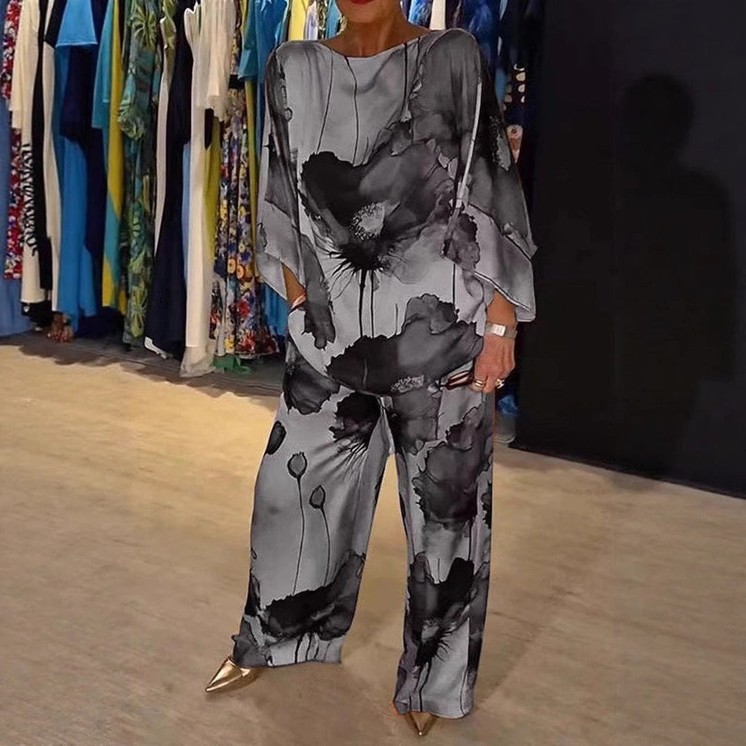 Damset med topp och byxa – Off shoulder – Fladderärm – Vida ben – Silkeslen känsla