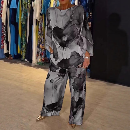 Damset med topp och byxa – Off shoulder – Fladderärm – Vida ben – Silkeslen känsla