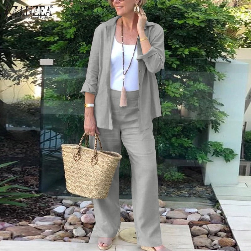 Damset med öppen skjorta – Avslappnad passform – Vida byxor – Linne