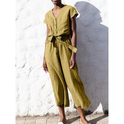 Dam Jumpsuit – V-ringning – Kort ärm – Avslappnad passform – Midjebälte – Croppad benlängd