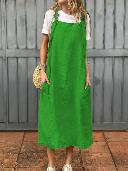 Damklänning – Linne – Avslappnad Passform – Justerbara Axelband – Midilängd – Fickor