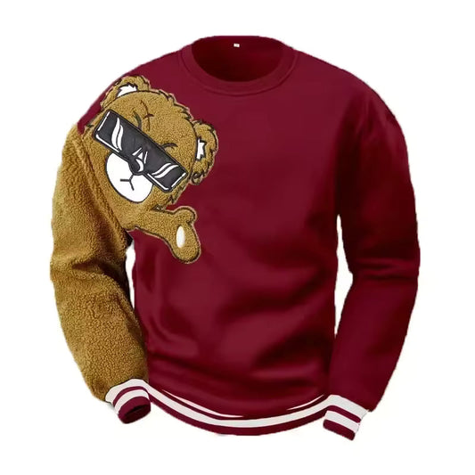 Herrtröjor – Avslappnad passform – Broderad björndesign – Mjuk teddyärm – Ribbade muddar