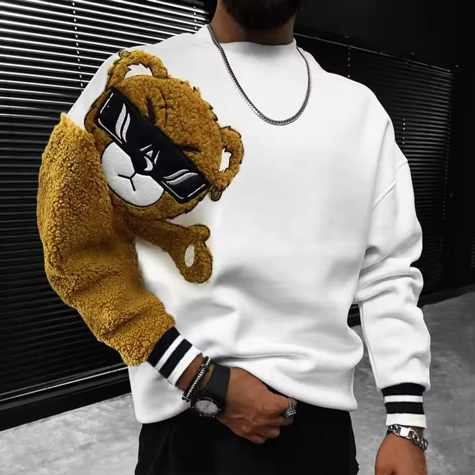 Herrtröjor – Avslappnad passform – Broderad björndesign – Mjuk teddyärm – Ribbade muddar