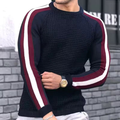 Herrtröja – Slim Fit – Texturerad Ullmix – Randiga Ärmar – Ribbstickade Kanter
