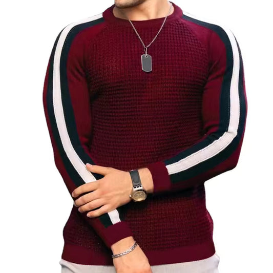 Herrtröja – Slim Fit – Texturerad Ullmix – Randiga Ärmar – Ribbstickade Kanter