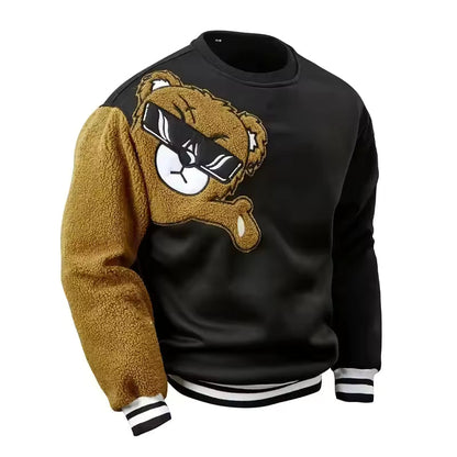 Herrtröjor – Avslappnad passform – Broderad björndesign – Mjuk teddyärm – Ribbade muddar