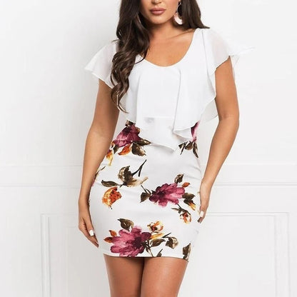 Kvinnors sheathklänning – Slim fit – Blommigt mönster – Transparent volang – Minilängd