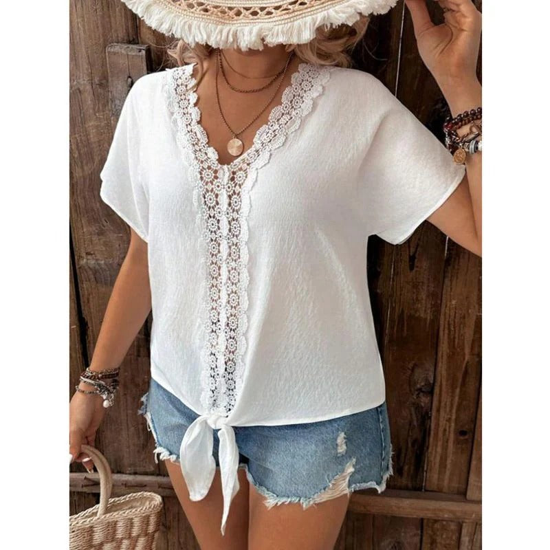 Women’s Lace Trim V-Neck Short Sleeve Blouse with Relaxed Fit