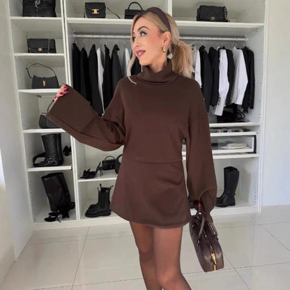 Damset med Topp och Kjol – Hög Krage – Oversize Topp – A-linjeformad Kjol – Bomull