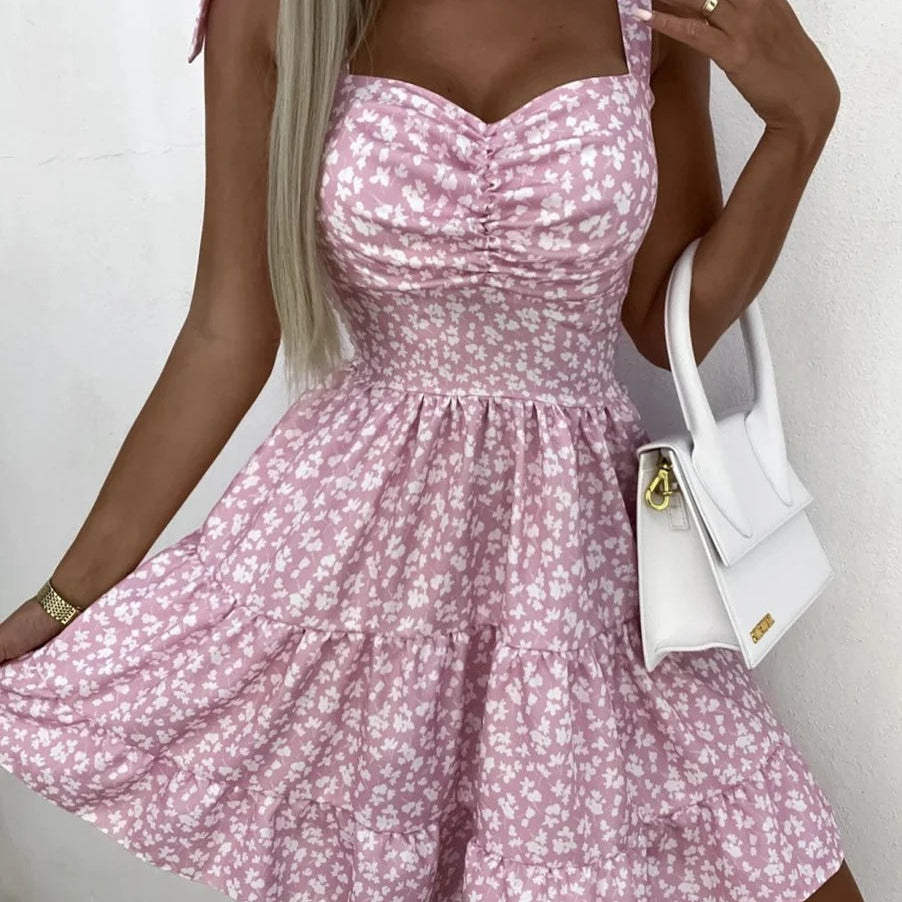 Damklänning – Mini – A-linjeformad – Axelbandslös – Blommigt Mönster – Volangkjol