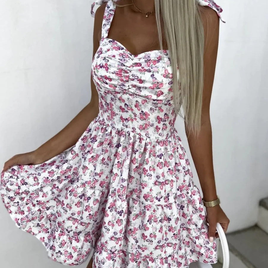 Damklänning – Mini – A-linjeformad – Axelbandslös – Blommigt Mönster – Volangkjol