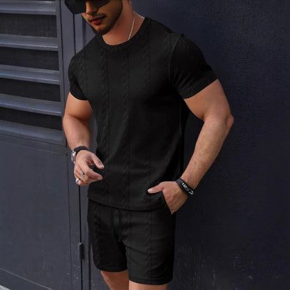 Herr Set T-shirt och Shorts – Texturstickad – Regular Fit – Rund Hals – Dragsko Midja