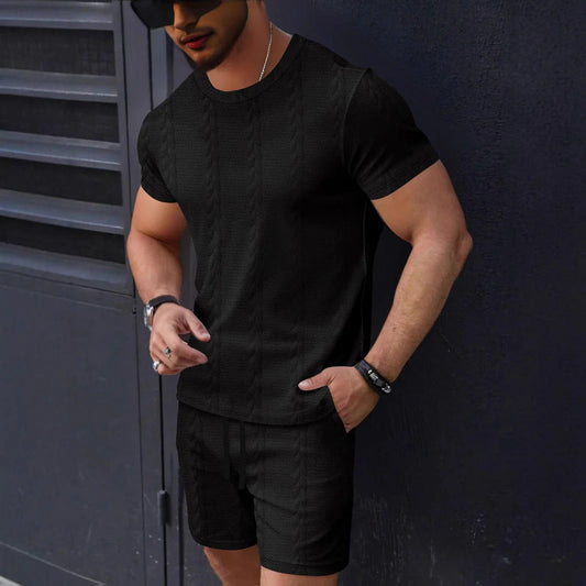 Herr Set T-shirt och Shorts – Texturstickad – Regular Fit – Rund Hals – Dragsko Midja