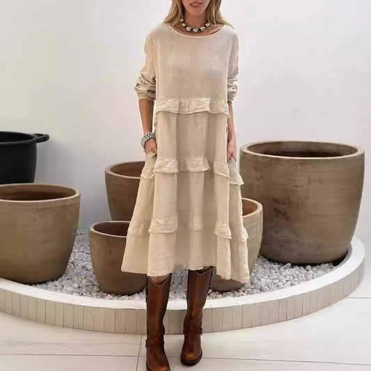 Damklänning maxi – A-linje avslappnad passform – Linne – Lång ärm med volang