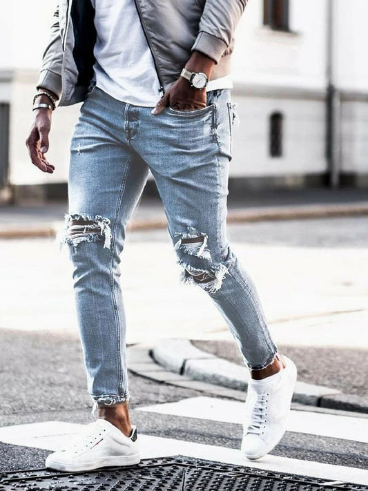 Herrjeans slim fit – Denim – Rå look med slitningar – Hellånga casual byxor