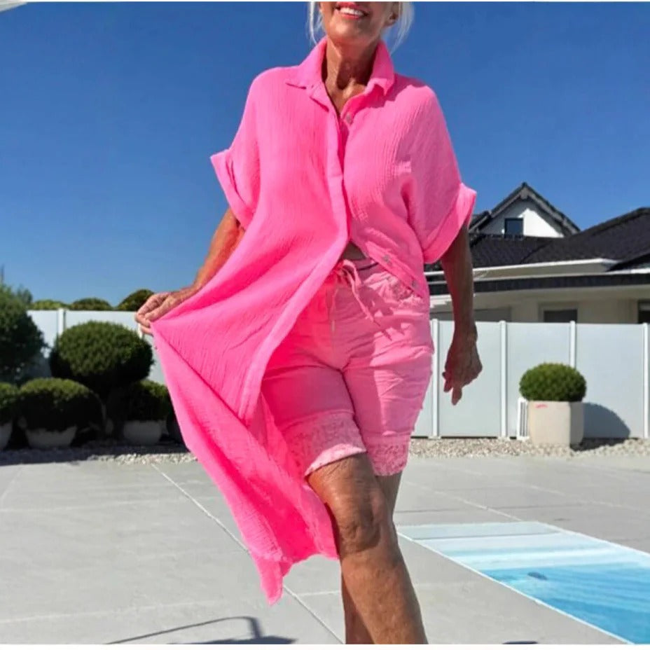 Damklänning midi – Avslappnad passform – Knäppning fram – Linneblandning – Kort ärm