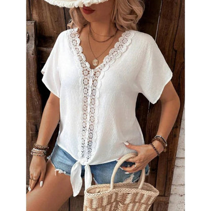 Women’s Lace Trim V-Neck Short Sleeve Blouse with Relaxed Fit