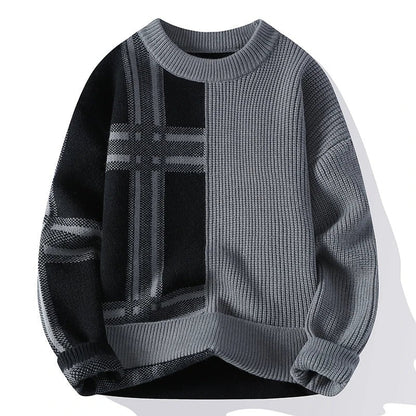 Herrtröja med rund hals – Avslappnad passform – Stickad struktur – Lappad design – Hellång ärm