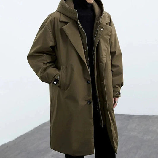 Herr trenchcoat – vattentät oversized passform – huva – knäppning – hellång