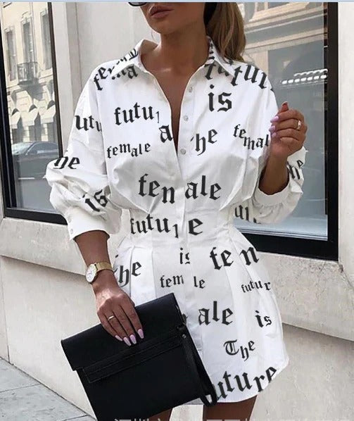 Damklänning Skjortmodell – Avslappnad Passform – Bomullsblandning – Statementtryck – Lång Ärmlängd