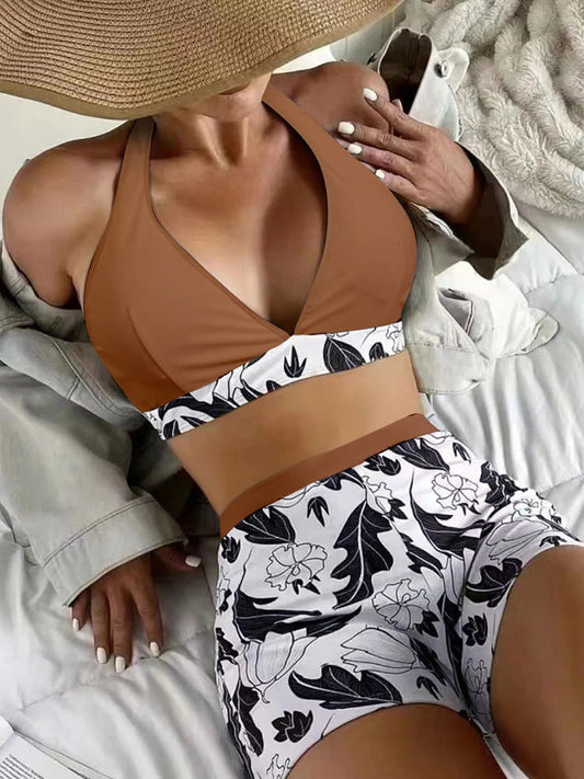 Dam Bikini Set – Halterneck – Hög Midja – Blommigt Mönster