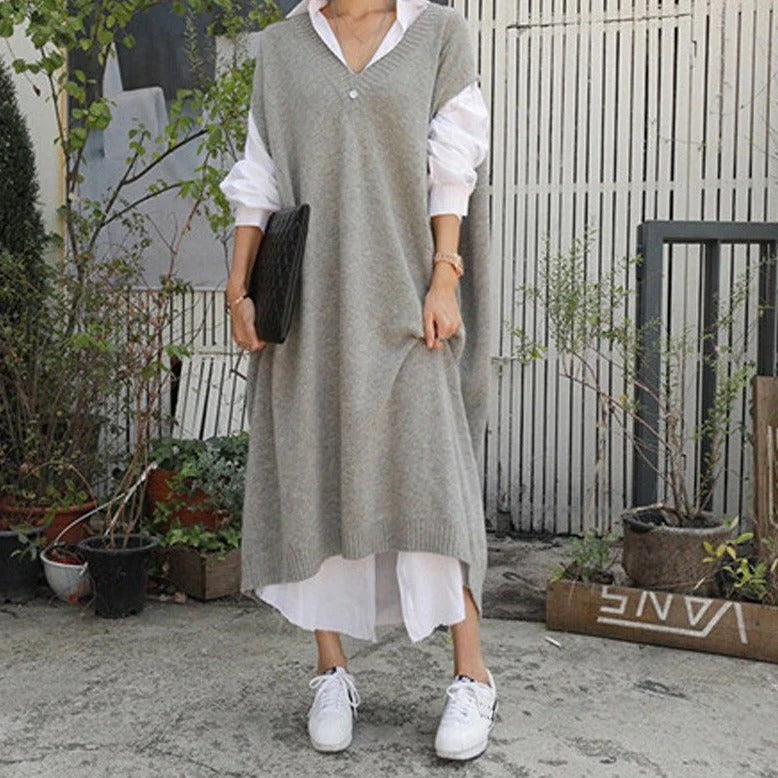 Damklänning Stickad – Avslappnad Passform – V-ringning – Midi – Mjuk Struktur