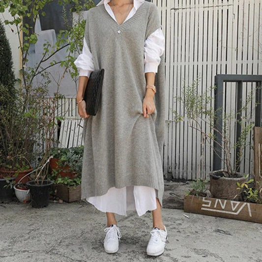Damklänning Stickad – Avslappnad Passform – V-ringning – Midi – Mjuk Struktur