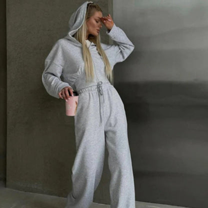 Dam Lounge Set – Hoodie med Dragkedja – Vida Byxor – Mjuk Bomullsblandning