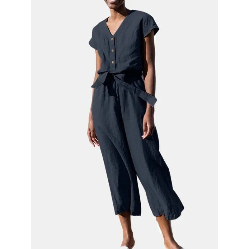 Dam Jumpsuit – V-ringning – Kort ärm – Avslappnad passform – Midjebälte – Croppad benlängd