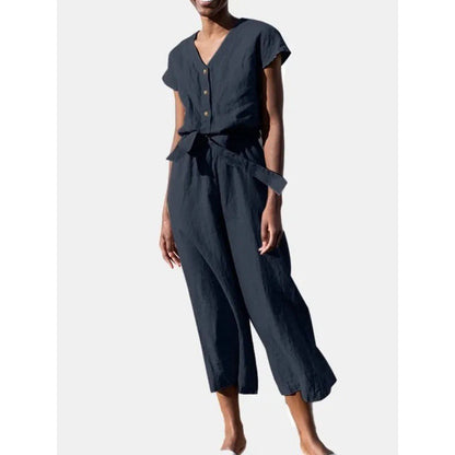 Dam Jumpsuit – V-ringning – Kort ärm – Avslappnad passform – Midjebälte – Croppad benlängd