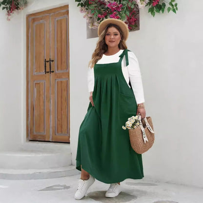 Damklänning maxi – lös passform – bomullsblandning – justerbara axelband – fickor