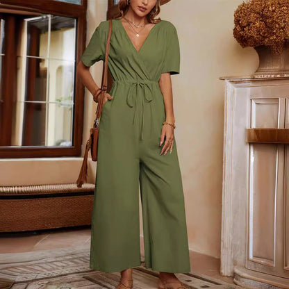 Dam Jumpsuit – Linne Bomullsblandning – Vid Passform – V-ringning – Kort Ärm – Fickor
