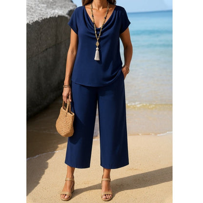 Damset – Avslappnad Passform – Draperad Krage – Kortärmad Topp – Vida Croppade Byxor