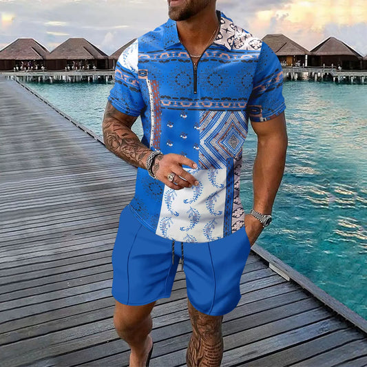 Herrset – Slim fit pikétröja med dragkedja – Digitalt mönster – Knälånga shorts