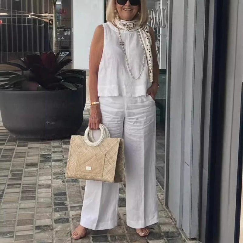 Damset – Ärmös Topp och Vida Byxor – Avslappnad Passform – Linne Bomull – Fickor