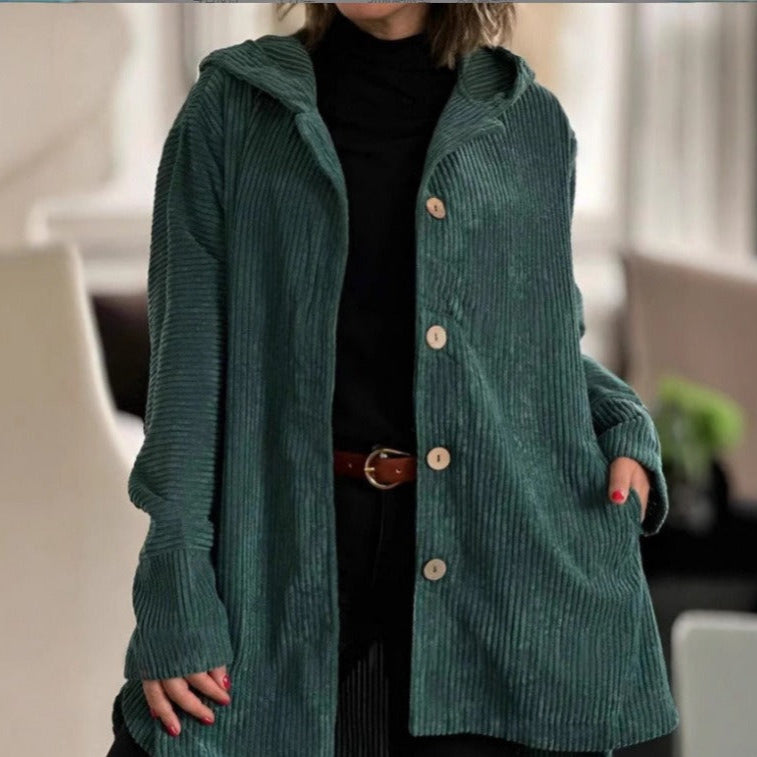 Damjacka – Corduroy – Lös Passform – Huva – Knappstängning – Lårlängd