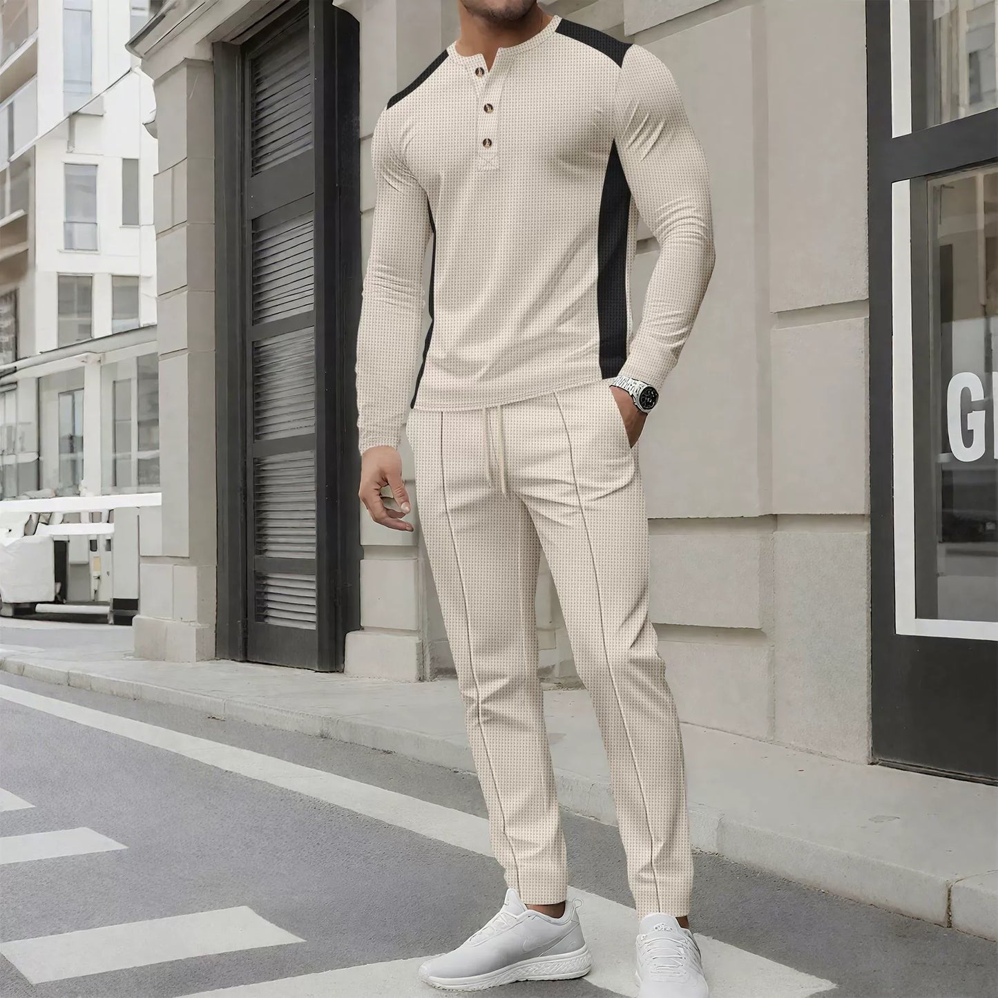 Herrset i två delar – Slim Fit Henleytröja med lång ärm och byxor i waffletrikå