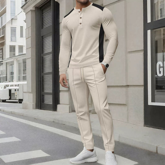 Herrset i två delar – Slim Fit Henleytröja med lång ärm och byxor i waffletrikå