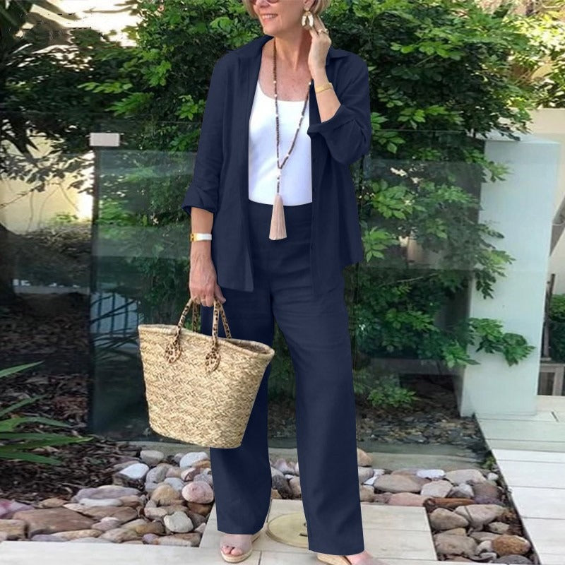 Damset med öppen skjorta – Avslappnad passform – Vida byxor – Linne