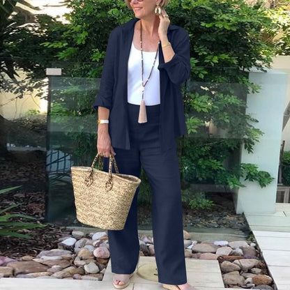 Damset med öppen skjorta – Avslappnad passform – Vida byxor – Linne