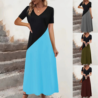 Damklänning maxi – figursydd överdel – v-ringning – kort ärm – färgblockdesign