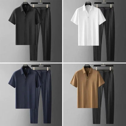 Herrset – Slim Fit – Kortärmad Skjorta med Knäppning – Skräddarsydda Byxor – Bomullsblandning