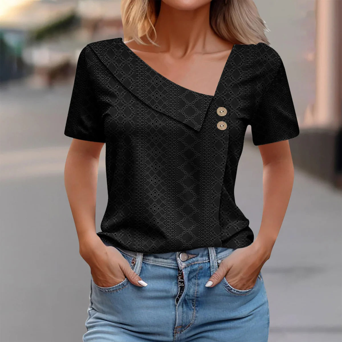 Damtop – Figursydd Passform – Andningsbart Brodyrtyg – Asymmetrisk Halsringning – Dekorativa Knappar