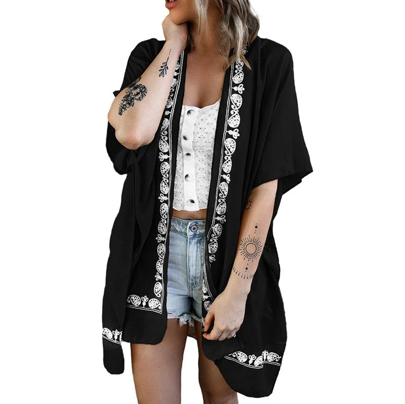 Dam Kimono Kofta – Avslappnad Passform – Broderad Kant