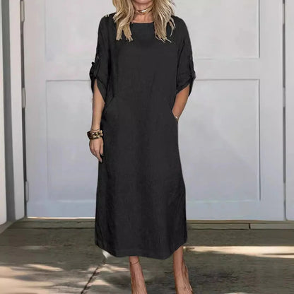 Damklänning maxi – Avslappnad passform – Linnekänsla – Uppvikbara ärmar – Fickor