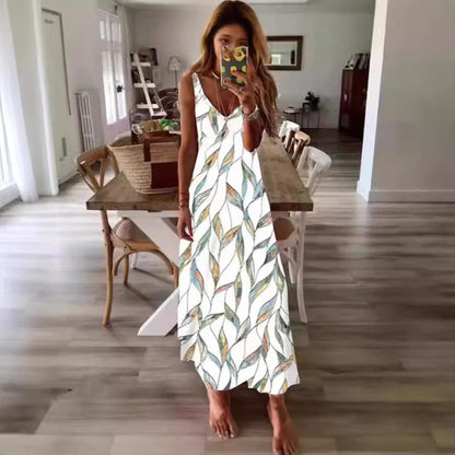 Damklänning maxi – Lös passform – Ärmlös – Djup V-ringning – Blommigt mönster