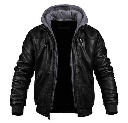 Herrjacka i läder – Slim fit – Huva med dragsko – Dragkedja – Ribbade muddar