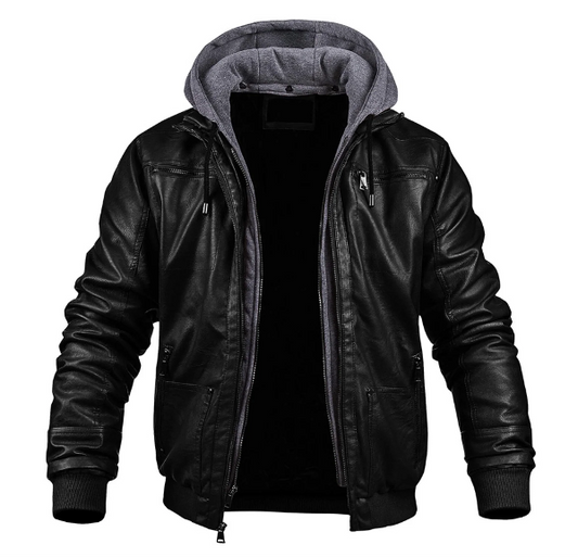 Herrjacka i läder – Slim fit – Huva med dragsko – Dragkedja – Ribbade muddar