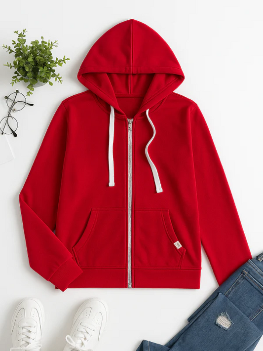 Dam Hoodie med Dragkedja – Regular Fit – Bomull – Justerbar Huva – Fickor